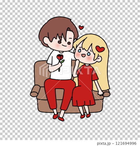 A young couple is sitting on a couch, with a red rose in the man's hand 121694996