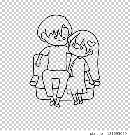 A man and a woman are sitting on a couch, holding hands and smiling A man and a woman are sitting on a couch, holding hands and smiling 121695059