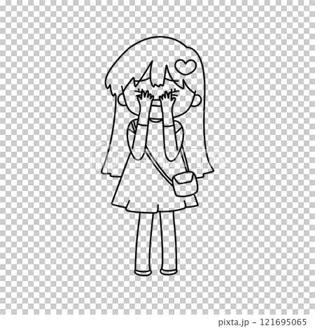 A girl is drawing a picture of herself with her hands covering her face 121695065