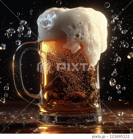 frosty glass of light beer on black background 121695222