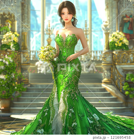 グリーンドレスの若い女性 121695458