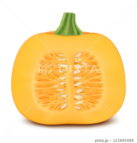 Orange ripe pumpkin in a section with seeds isolated on white background. Decorative art element for Thanksgiving, Halloween celebration layout design. Bright orange fruit. Realistic 3d vector 121695489