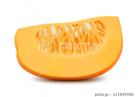 Sliced pumpkin with seeds isolated on white background. Decorative art element for Thanksgiving, Halloween celebration layout design. Bright orange fruit. Realistic 3d vector 121695490