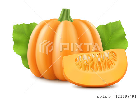 Round pumpkin and pumpkin slice isolated on white background. Decorative art element for Thanksgiving, Halloween celebration layout design. Bright orange fruit. Vegetable fair. Realistic 3d vector 121695491