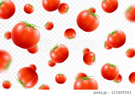 Tomato background. Falling fresh ripe tomatoes, isolated on transparent background. Selective focus. Flying defocusing red tomato. Applicable for ketchup, juice advertising. Realistic 3d vector Tomato background. Falling fresh ripe tomatoes, isolated on transparent background. Selective focus. Flying defocusing red tomato. Applicable for ketchup, juice advertising. Realistic 3d vector 121695501