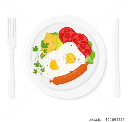 Healthy breakfast. Delicious fried eggs, sausage, pieces of cheese, tomato slices and lettuce on a white plate . Dish and cutlery. Vector flat style illustration Healthy breakfast. Delicious fried eggs, sausage, pieces of cheese, tomato slices and lettuce on a white plate . Dish and cutlery. Vector flat style illustration 121695513