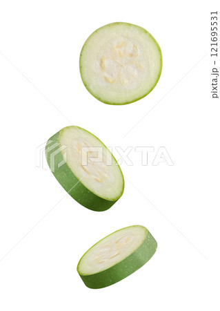 Flying marrow zucchini slices isolated on white background. Falling pieces of marrow vegetable. Can be used for advertising, packaging, banner, poster, print. Realistic 3d vector 121695531