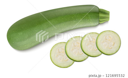 Zucchini or marrow with slices isolated on white background. Whole and chopped vegetable. Realistic 3d vector illustration. Clipping path and full depth of field. 121695532