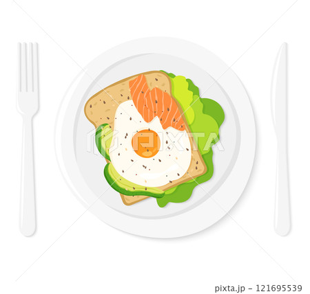 Healthy breakfast. Delicious sandwich with avocado, salmon, fried egg and lettuce on a white plate . Dish and cutlery. Vector flat style illustration Healthy breakfast. Delicious sandwich with avocado, salmon, fried egg and lettuce on a white plate . Dish and cutlery. Vector flat style illustration 121695539