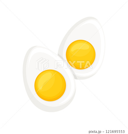 Two halves of hard boiled egg. Cooked egg isolated on white background , Quail or chicken egg. Flat cartoon design 121695553