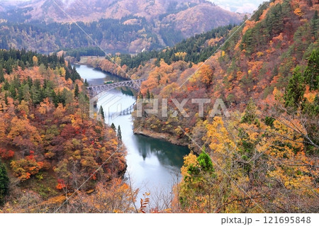 只見線「11月中旬の只見川第一橋梁」紅葉俯瞰風景 只見線「11月中旬の只見川第一橋梁」紅葉俯瞰風景 121695848