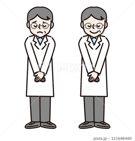 お辞儀をする白衣姿の男性（全身）：イラスト素材 121696480