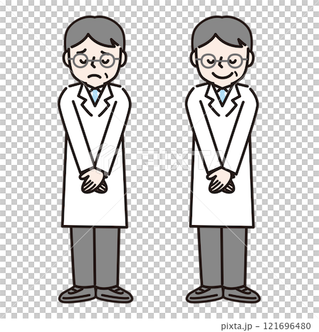 お辞儀をする白衣姿の男性（全身）：イラスト素材 121696480