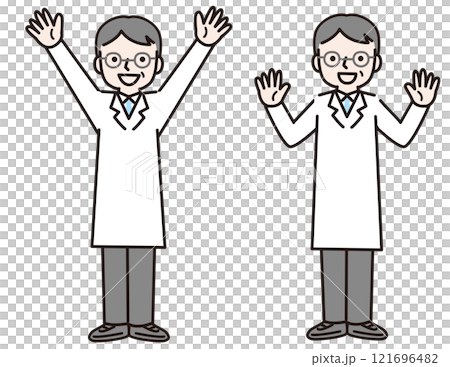 A man in a white coat smiling with both hands raised (full body): Illustration material A man in a white coat smiling with both hands raised (full body): Illustration material 121696482