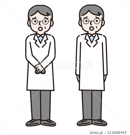 困り顔の白衣姿の男性（全身）：イラスト素材 121696483