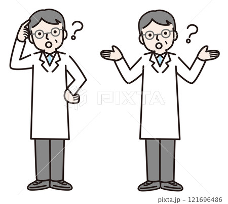 疑問に思う白衣姿の男性（全身）：イラスト素材 121696486
