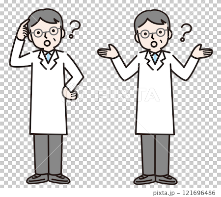 疑問に思う白衣姿の男性（全身）：イラスト素材 121696486