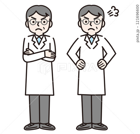 ぷんぷん怒る白衣姿の男性（全身）：イラスト素材 121696600