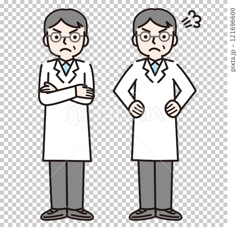 ぷんぷん怒る白衣姿の男性（全身）：イラスト素材 121696600