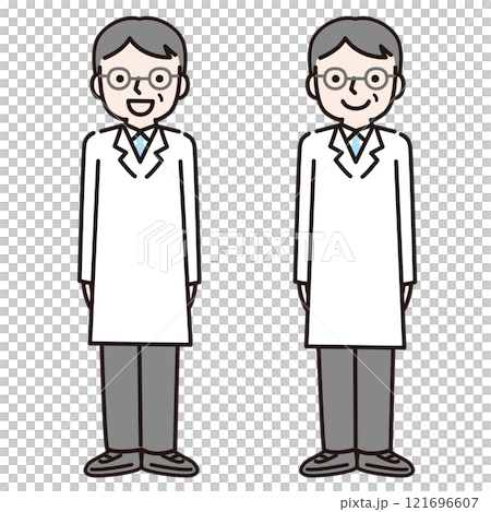穿著白大褂的男人微笑著站直（全身）：插畫素材 121696607
