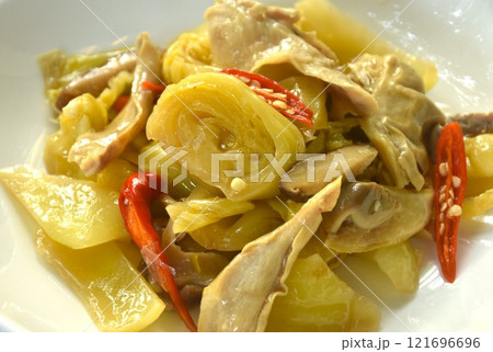 stir fried pickled cabbage with slice pork stomach and chili on plate stir fried pickled cabbage with slice pork stomach and chili on plate 121696696