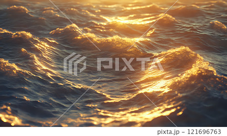 Golden Hour Light Fragmenting Across Ocean Waves Creating Amber Reflections 121696763