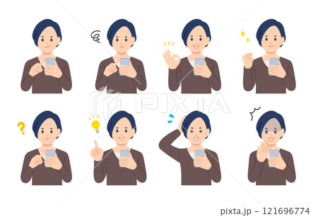 スマホを見ながらいろいろな表情・ポーズをする中年女性のセット【人物ベクターイラスト素材】 スマホを見ながらいろいろな表情・ポーズをする中年女性のセット【人物ベクターイラスト素材】 121696774
