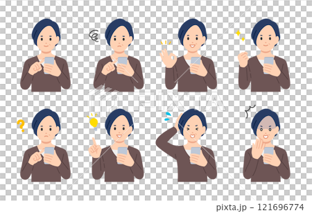 スマホを見ながらいろいろな表情・ポーズをする中年女性のセット【人物ベクターイラスト素材】 スマホを見ながらいろいろな表情・ポーズをする中年女性のセット【人物ベクターイラスト素材】 121696774