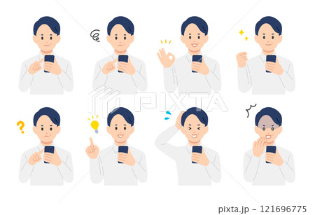 スマホを見ながらいろいろな表情・ポーズをする中年男性のセット【人物ベクターイラスト素材】 スマホを見ながらいろいろな表情・ポーズをする中年男性のセット【人物ベクターイラスト素材】 121696775