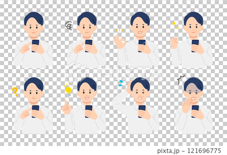 スマホを見ながらいろいろな表情・ポーズをする中年男性のセット【人物ベクターイラスト素材】 スマホを見ながらいろいろな表情・ポーズをする中年男性のセット【人物ベクターイラスト素材】 121696775
