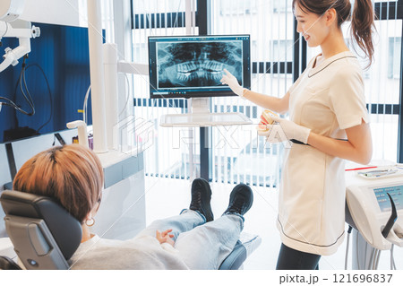 レントゲン写真で歯の状態を説明をする若い女性 121696837