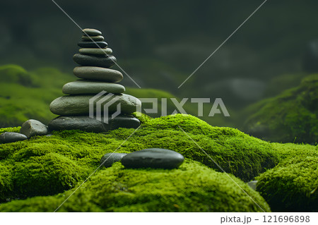 Balanced Zen Stone Arrangement on Emerald Moss Creating Serene Ambiance 121696898