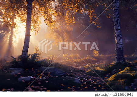 Serene Forest Landscape at Dawn with Golden Sunlight and Glistening Dew 121696943