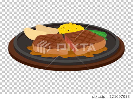 Illustration of steak served on a hot plate 121697058