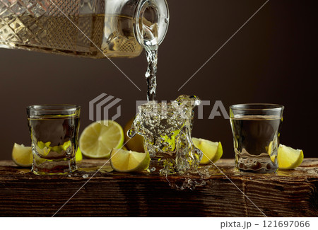 Gold tequila with salt and lime slices on a old wooden board. Gold tequila with salt and lime slices on a old wooden board. 121697066