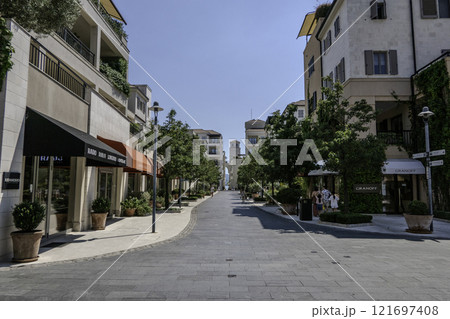 Montenegro, Porto Montenegro, Tivat, Shopping street with luxury shops. 121697408