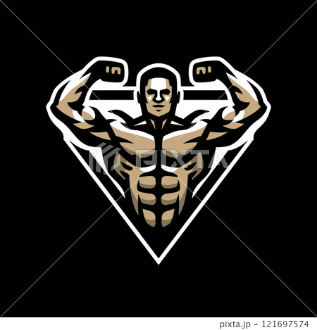 Bodybuilder logo. Double biceps on a dark background. Bodybuilder logo. Double biceps on a dark background. 121697574