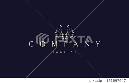 Vector golden logo with an abstract image of two birds with raised wings. Vector golden logo with an abstract image of two birds with raised wings. 121697647
