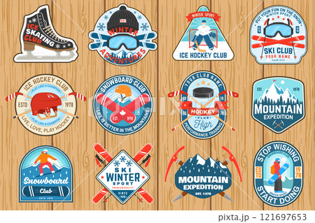 Set of Ice Hockey club, ski and Snowboard Club sport retro badge, patch with ski glasses, hockey player, sticker, puck, winter sport hat, ice skate, helmet, snowboarder and mountain. 121697653