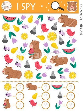 Capybara I spy game for kids. Searching and counting activity with cute animals. Capibara printable worksheet for preschool children. Simple spotting puzzle with watermelon, bird, tangerine Capybara I spy game for kids. Searching and counting activity with cute animals. Capibara printable worksheet for preschool children. Simple spotting puzzle with watermelon, bird, tangerine 121697675