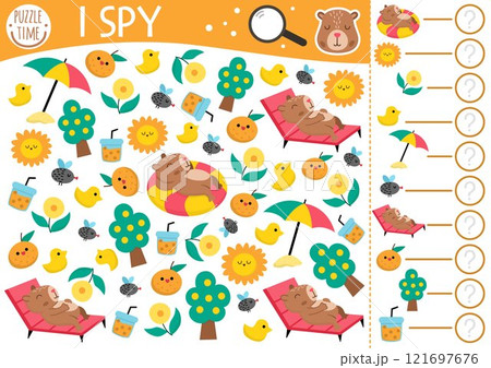 Capybara I spy game for kids. Searching and counting activity with cute relaxing animals on holiday. Capibara summer printable worksheet for preschool children. Simple spotting puzzle Capybara I spy game for kids. Searching and counting activity with cute relaxing animals on holiday. Capibara summer printable worksheet for preschool children. Simple spotting puzzle 121697676