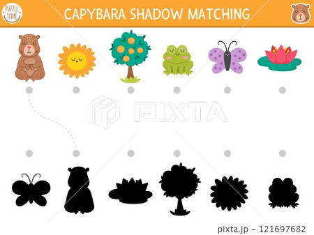 Capibara shadow matching activity. Capybara symbols shape recognition puzzle. Find correct silhouette printable worksheet or game. Match up page for kids with cute animals Capibara shadow matching activity. Capybara symbols shape recognition puzzle. Find correct silhouette printable worksheet or game. Match up page for kids with cute animals 121697682