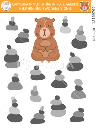 Find two same stone pyramids. Capybara matching activity for children. Educational quiz worksheet for kids for attention skills. Printable game with cute capibara meditating in rock garden 121697694