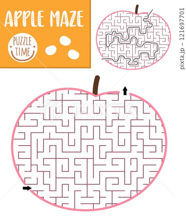 Fruit geometrical maze for kids. Preschool printable activity shaped as apple. Capybara food labyrinth game or puzzle for children 121697701