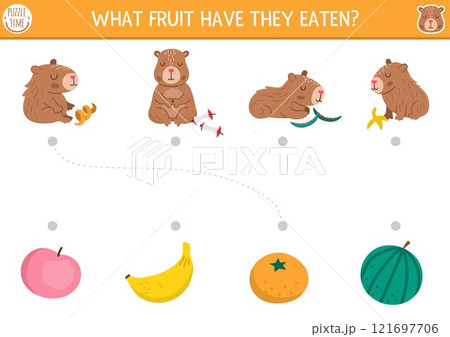 Capybara matching activity with cute animals and fruit waste. Capibara puzzle with apple, banana, orange, watermelon. Match the objects game. Feed the animals printable worksheet 121697706