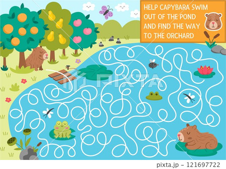 Fun maze for kids with capybara swimming out from pond to fruit garden. Capibara preschool printable activity with cute animal. Labyrinth game or puzzle with nature landscape, lake, orchard, frog Fun maze for kids with capybara swimming out from pond to fruit garden. Capibara preschool printable activity with cute animal. Labyrinth game or puzzle with nature landscape, lake, orchard, frog 121697722