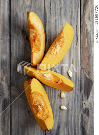 Cozy fall  with pumpkins, leaves. Top down view over a rustic wood background. Pumpkins. Autumn. Thanksgiving. Halloween 121697726