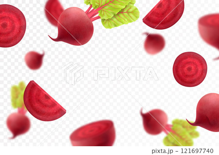 Flying beet. Falling beetroots, whole and slices isolated on transparent background, selective focus. Realistic 3d vector illustration 121697740