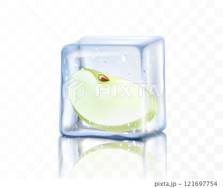 Fresh ripe apple piece in ice cube isolated on transparent background. Frozen green apple, realistic 3d vector illustration Fresh ripe apple piece in ice cube isolated on transparent background. Frozen green apple, realistic 3d vector illustration 121697754