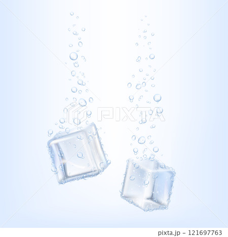 Water splash with ice cubes. Ice cubes fall into the water causing bubbles.Realistic 3d vector design with falling iced blocks and melting droplets, fresh drink and frozen icy pieces Water splash with ice cubes. Ice cubes fall into the water causing bubbles.Realistic 3d vector design with falling iced blocks and melting droplets, fresh drink and frozen icy pieces 121697763